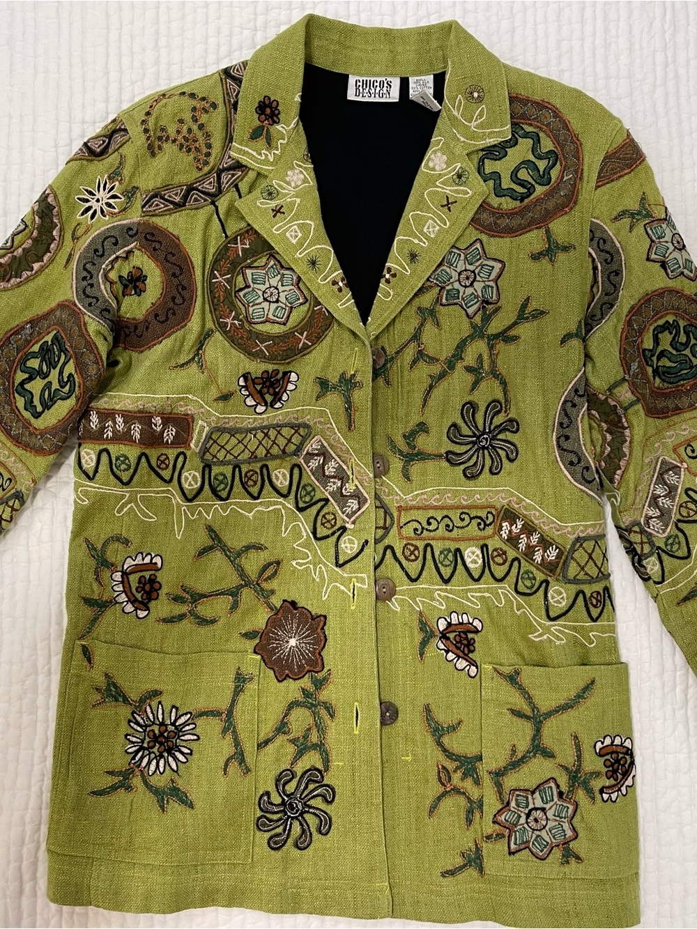Chico's Olive Green Embroidered Blazer Jacket